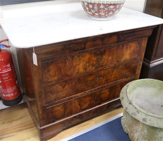 A walnut marble top french chest, W.120cm